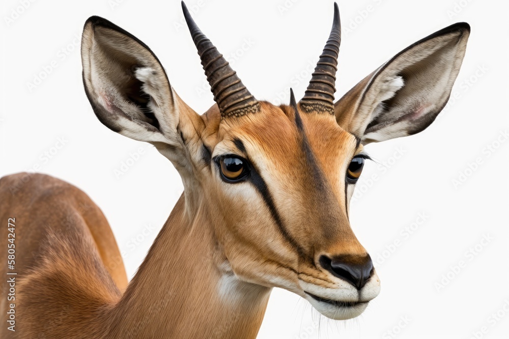 Impala, a safari animal from Africa, looking forward. Taken out and put on a white background. Gener