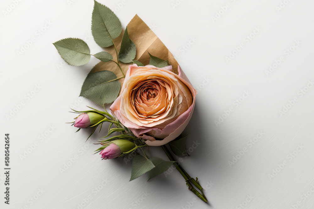 Top view of floral composition of beautiful pink rose. Illustration AI Generative