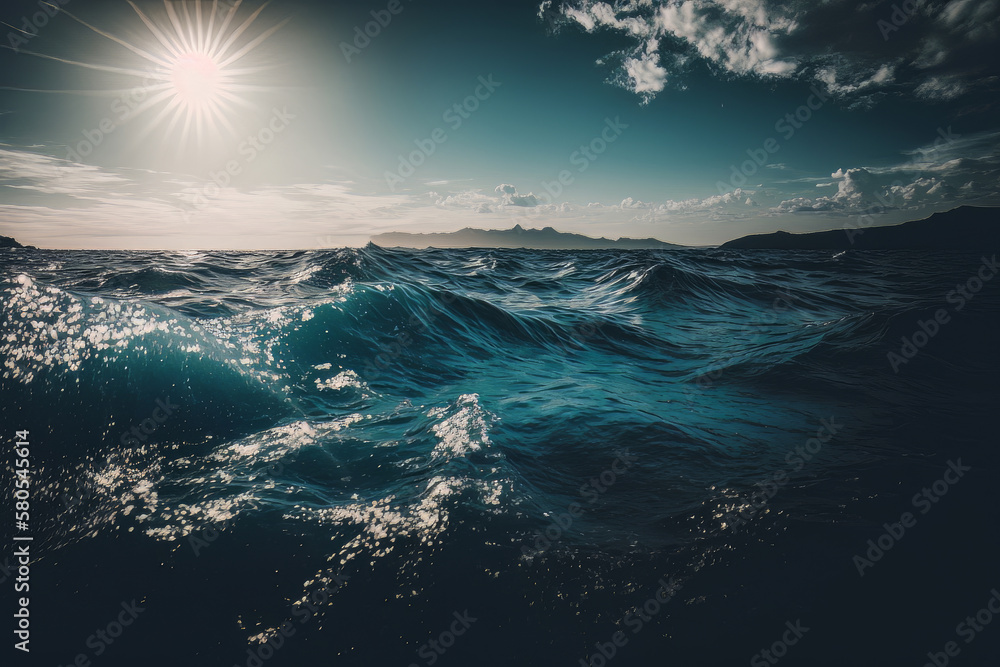 landscape of a wavy sea under the sunlight and a blue. Illustration AI Generative