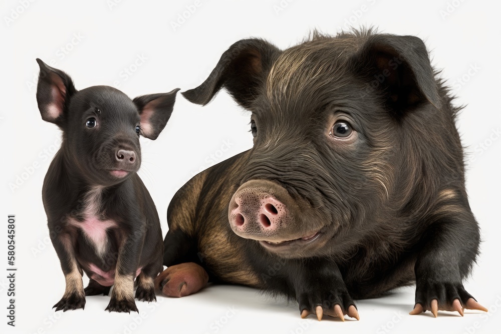 Oxford Sandy and a 9 week old black piglet are sitting on a white background. Generative AI