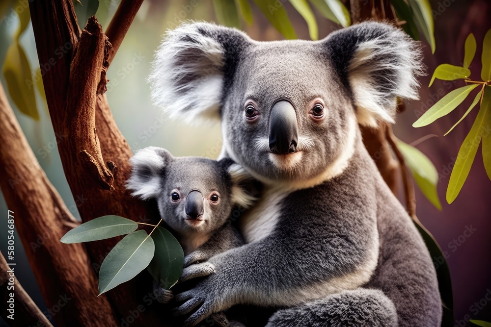 Australian koala bear with her baby or joey in a eucalyptus or gum tree in Sydney, NSW, Australia. A