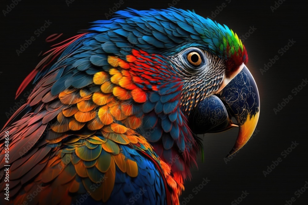 Close up of colorful parrot, parrot portrait, parrot wallpaper image 1920x1080 size. Generative AI