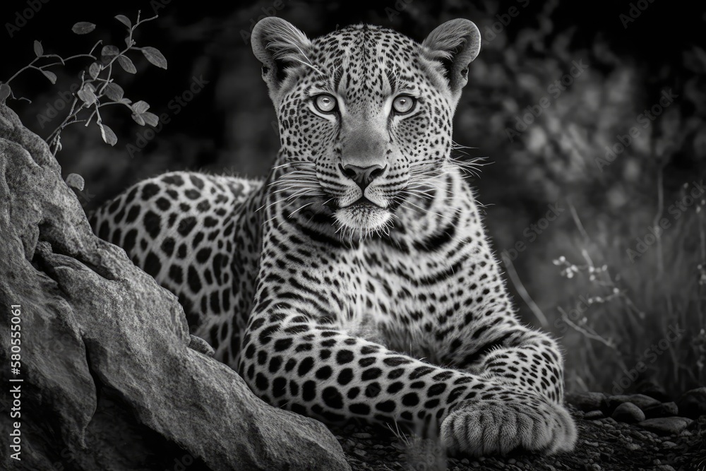 A horizontal black and white photo of a leopardess, Panthera pardus, resting on a termite mound and 