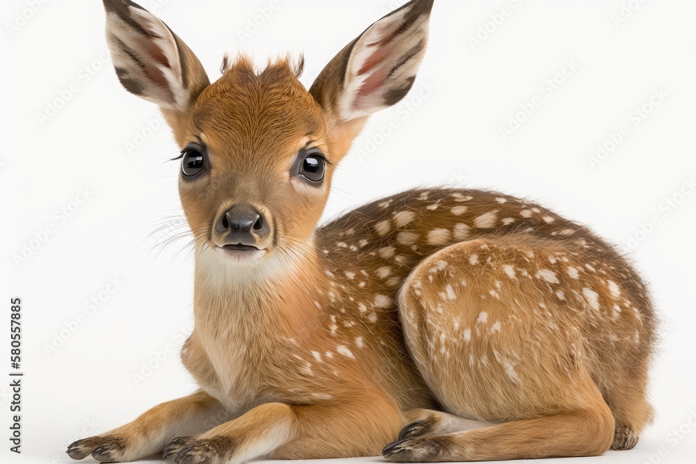 Portrait of a 15 day old Roe Deer Fawn, Capreolus capreolus, sitting in front of a white background 