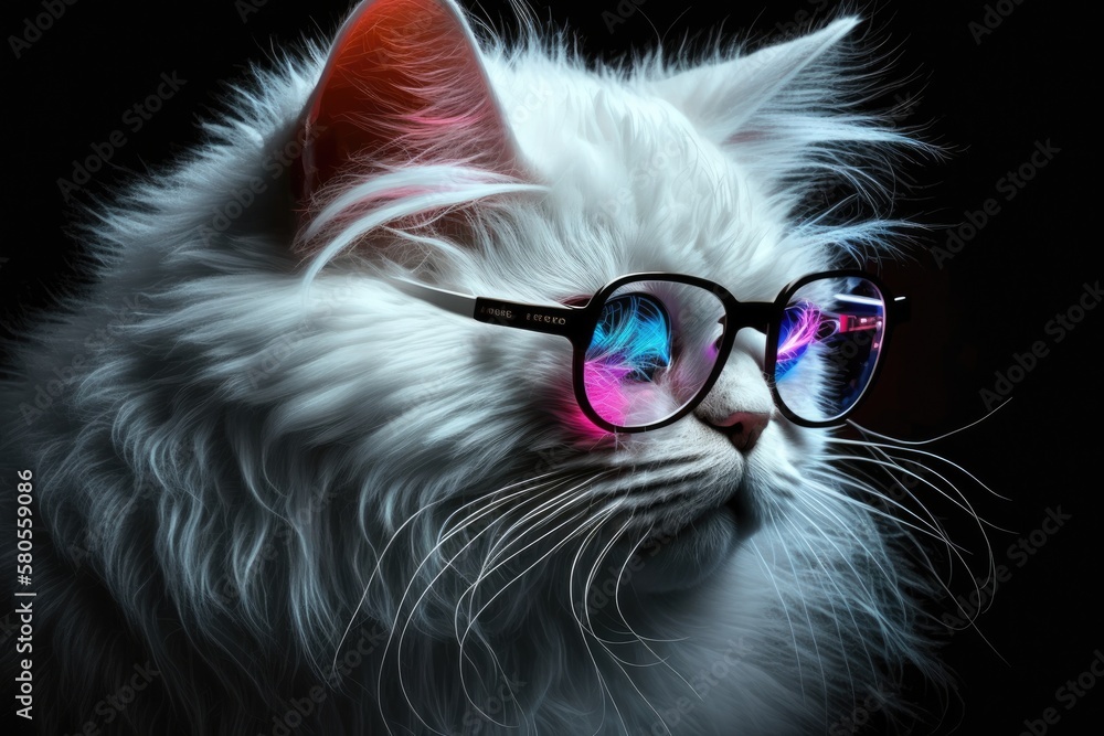 A picture of a white cat with fur wearing trendy glasses. Neon light in a studio. The cat is posing 