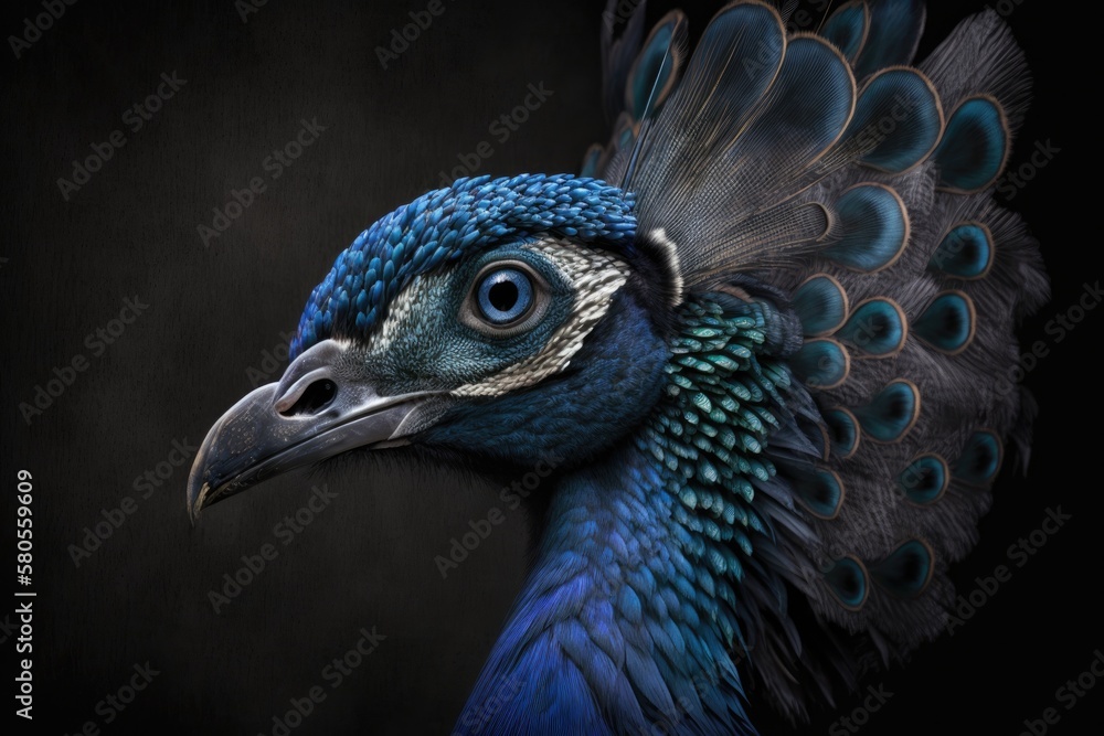 Portrait of a blue peacock head on a black background. Generative AI