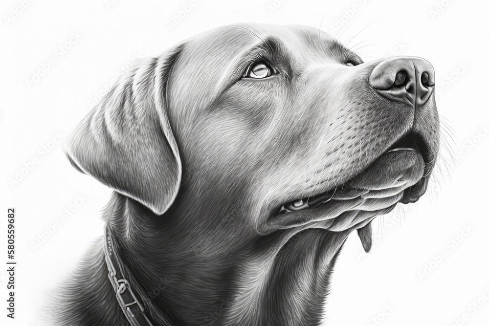 A happy labrador retriever is shown in a realistic black and white portrait. Dogs head drawn by han