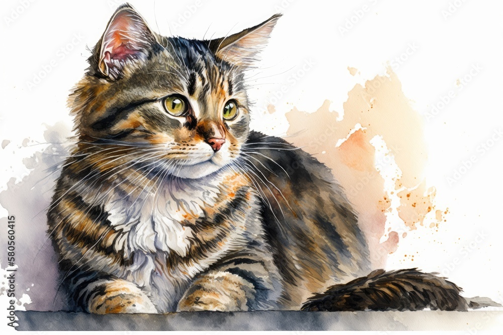 Pet portrait art of a Tabby cat kitten done in watercolor. Generative AI