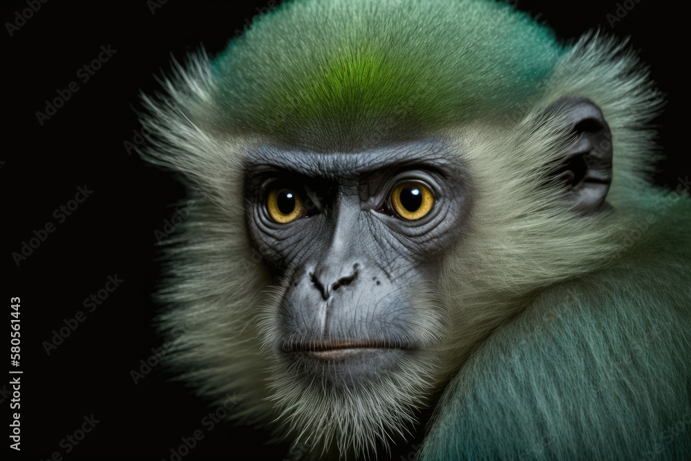 Green monkey close up portrait on black background. Generative AI