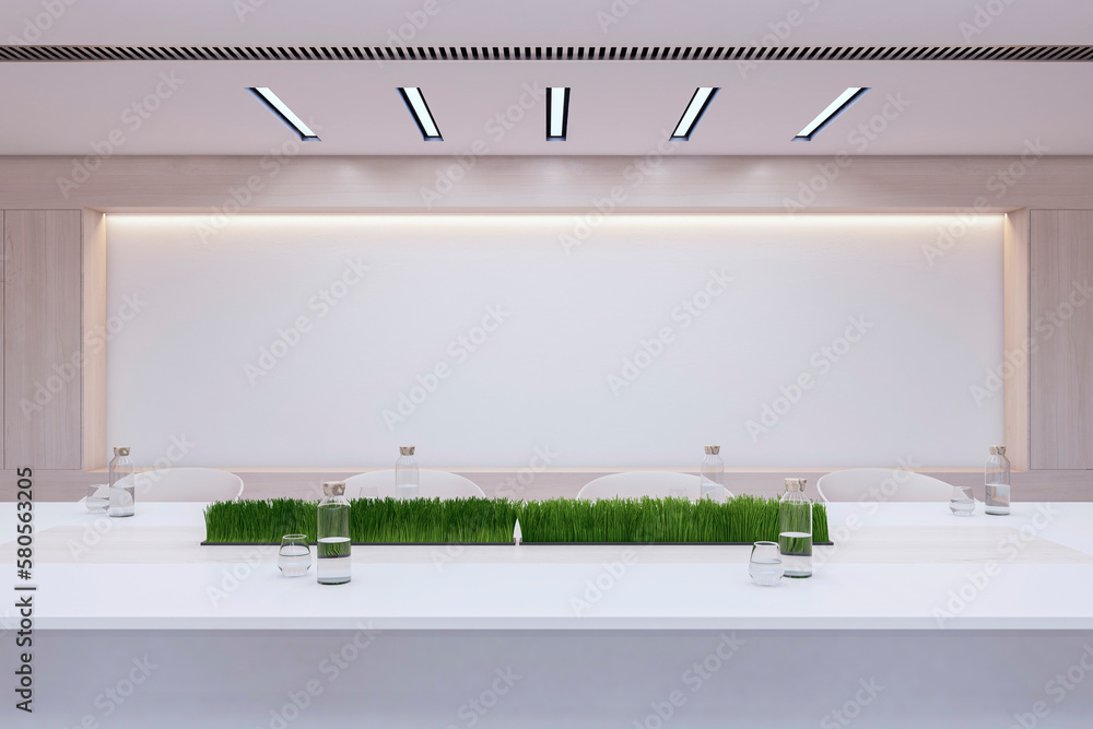 Modern light coworking office interior with abstract grass decor, empty mock up place on wall, furni