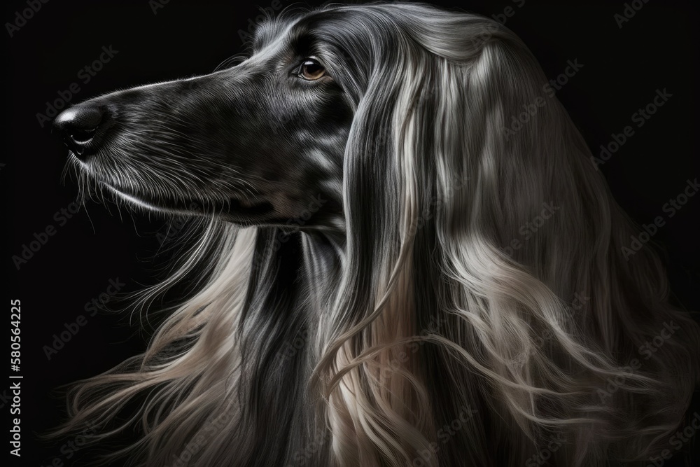 On a black background, there is a picture of an Afghan hound. Long haired dogs are easy to clean. Ge