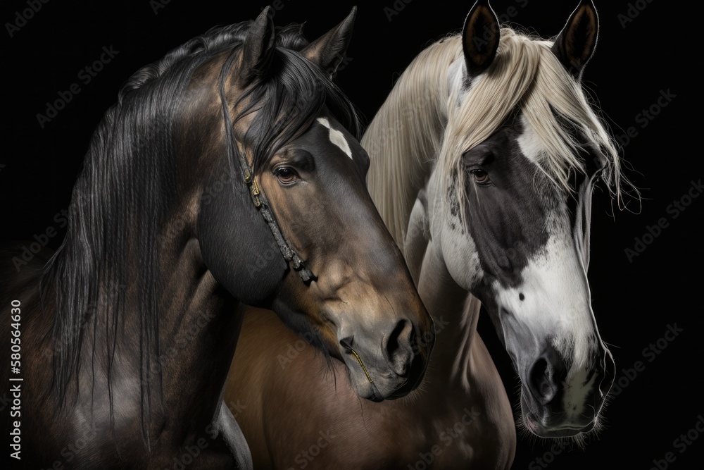 Two horses portraits on a black background. Generative AI