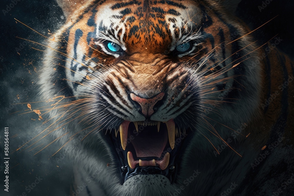 A close up of a Tigers head shows its teeth and an angry face. Generative AI