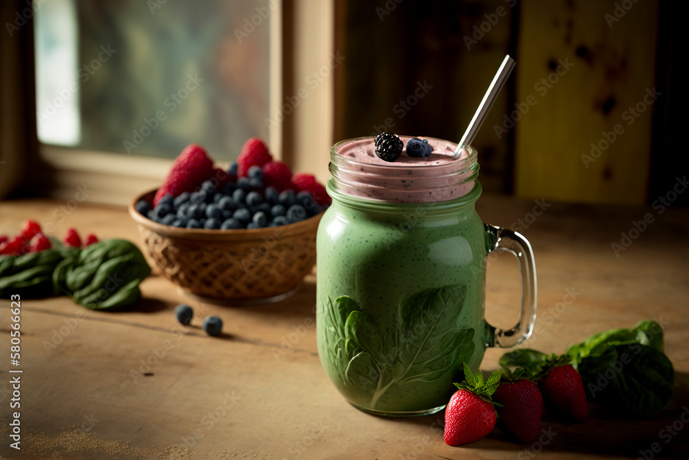 A detox fresh and juicy smoothie, filled with spinach, kale and ripe berries in a bowl, generative a