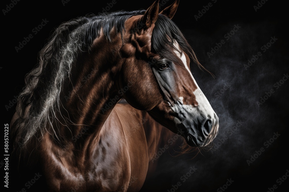 A picture of a horse set against a dark background. Generative AI