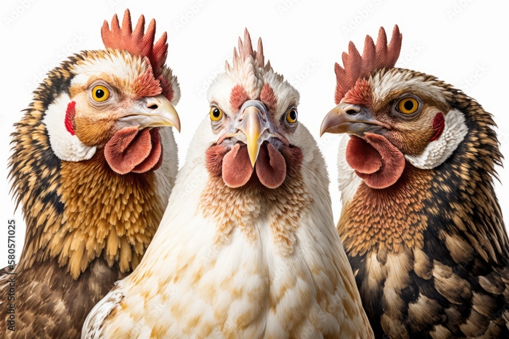 Three chickens in a portrait on a white background. Generative AI