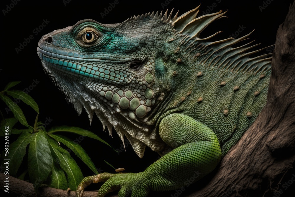 Close up picture of a green iguana sitting on a branch. Generative AI