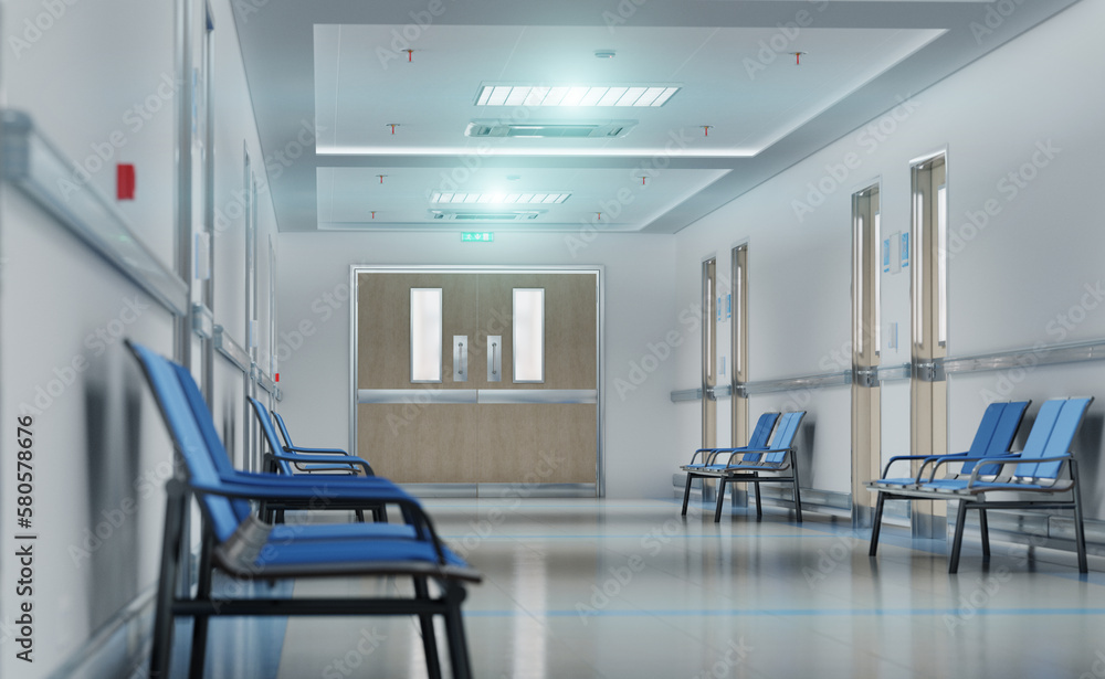 Long white hospital corridor with rooms and seats 3D rendering. Empty accident and emergency interio