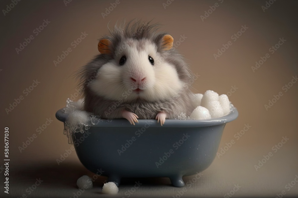 A gray Syrian hamster with long hair is sitting in a toy bath. Generative AI