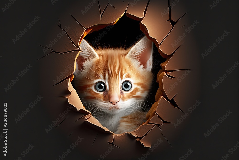 Through a hole in the paper, a cute little red kitten can be seen. Funny and playful pet, blank for 