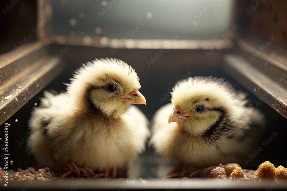 Broiler cross chickens in a brooder with food and water. Two chicks come into view. Depth of field i