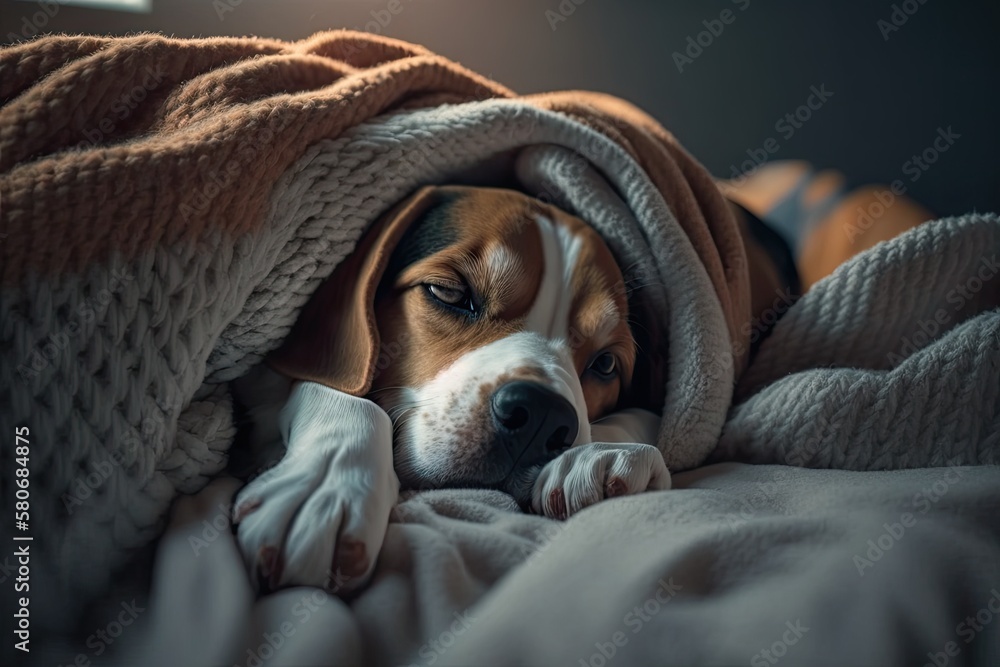 A small Beagle dog sleeps at home on a bed with a blanket over it. Generative AI