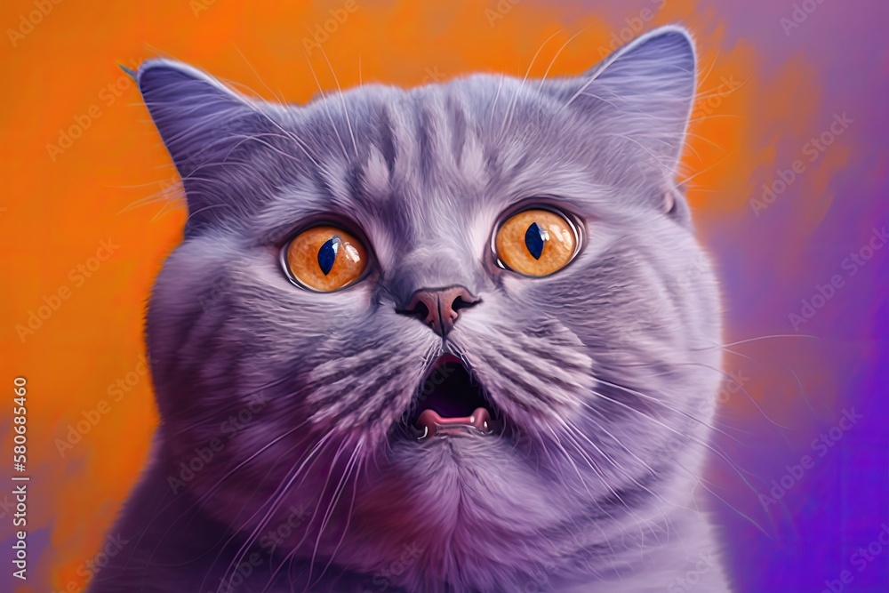 A British cat with lilac fur looking up. The cat looked mad and opened his mouth. The idea of an ani