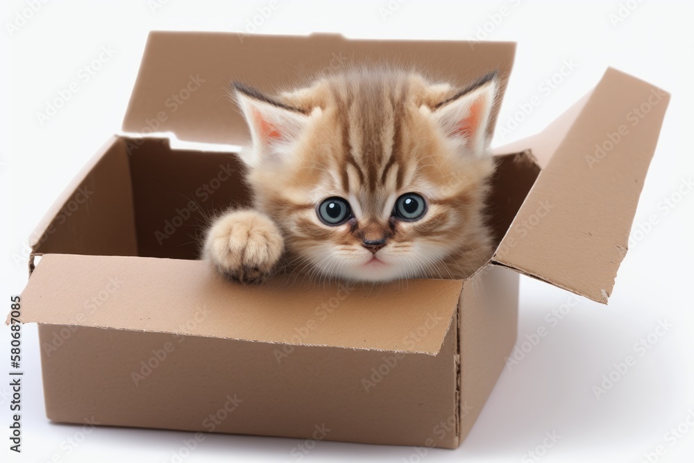 A small Scottish kitten in a gift box, set against a white background. Generative AI