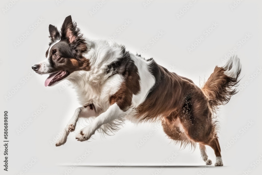 Dog run side view isolated. Border collie brown and white jump. Panorama dogs idea or white backgrou