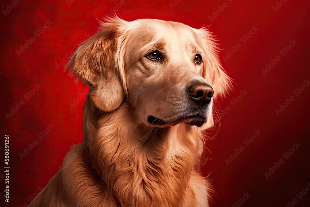 Studio picture of a golden retriever dog on a red background. Generative AI