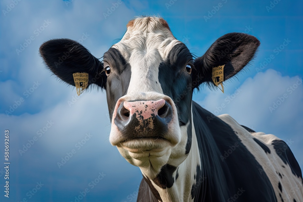 Cow looking friendly, portrait of a calm and mature bovine, gentle look, pink nose, medium shot of a