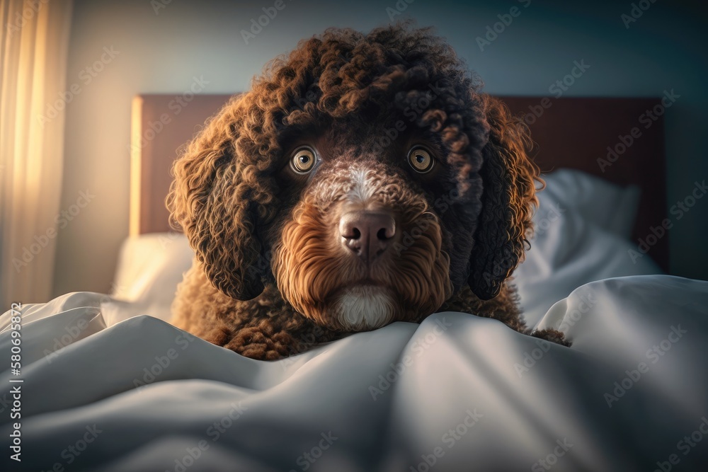 A brown Spanish Water Dog with a beautiful face and big brown eyes was playing on the bed at home. I