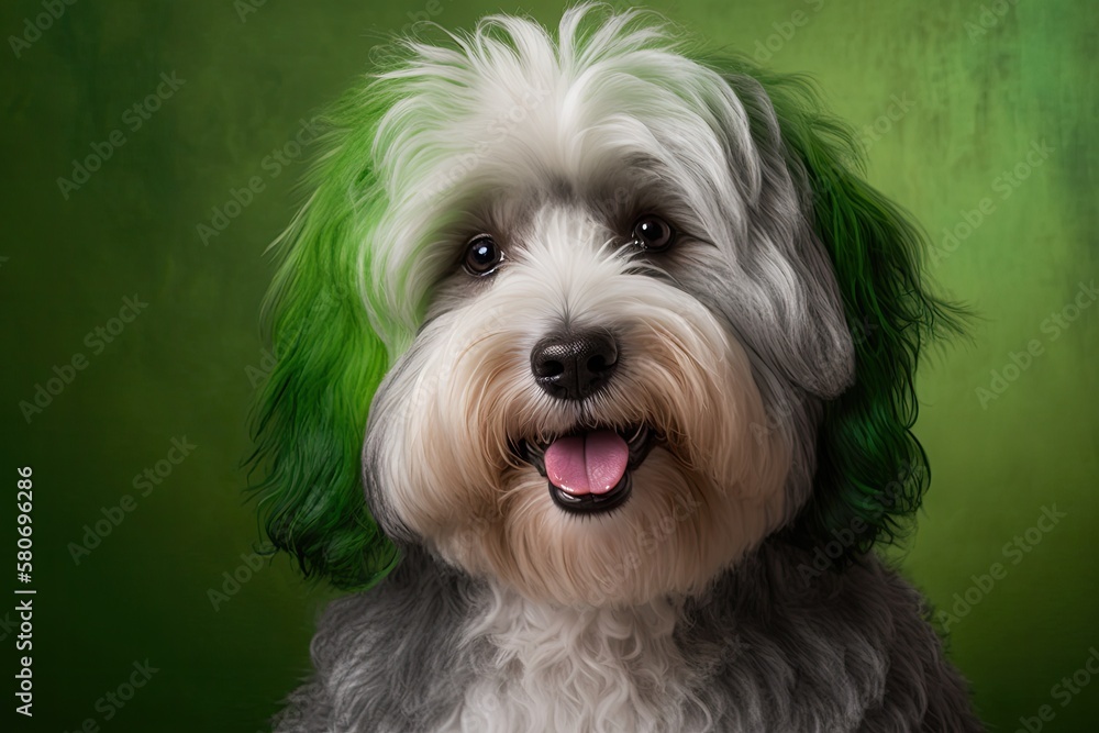 Portrait of a funny and happy dog with a smile on a green background in the Studio of a cute and swe