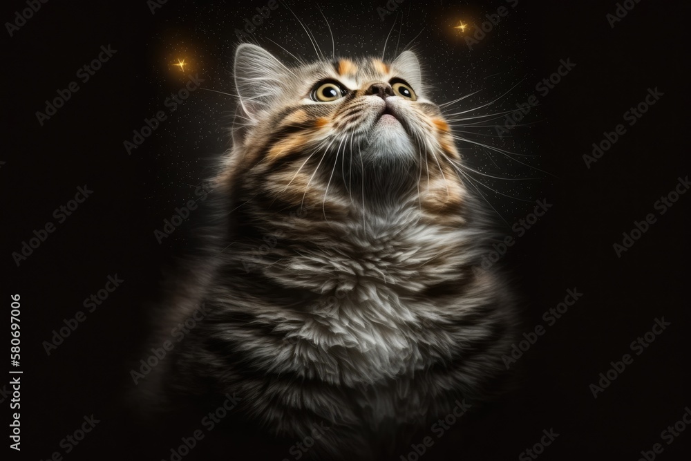 A picture of a cute cat looking up while sitting on a black background and being lit from above. Gen