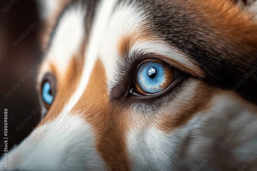 Close up of a husky dogs beautiful eyes, which are brown and blue. Generative AI