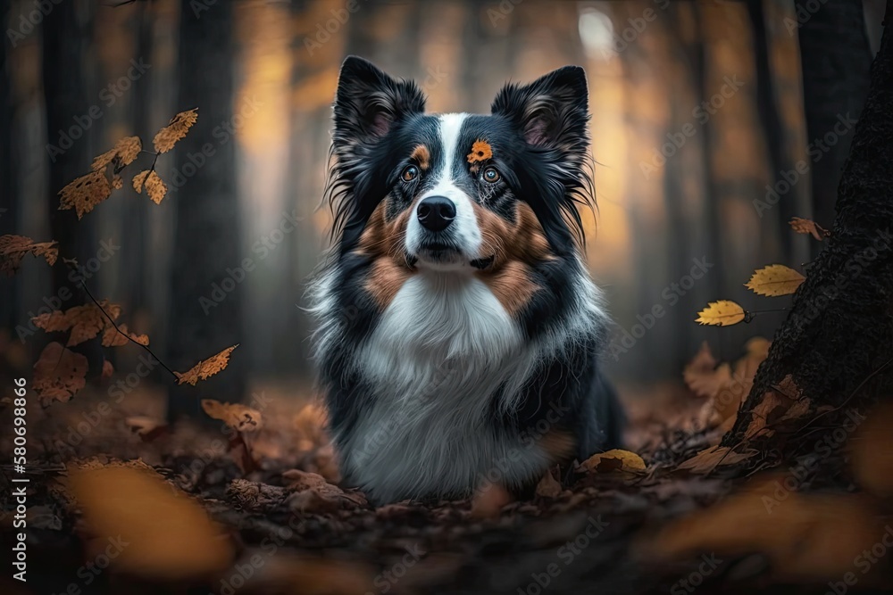 Beautiful portrait. A cute dog is out in the forest during the day in the fall. Generative AI