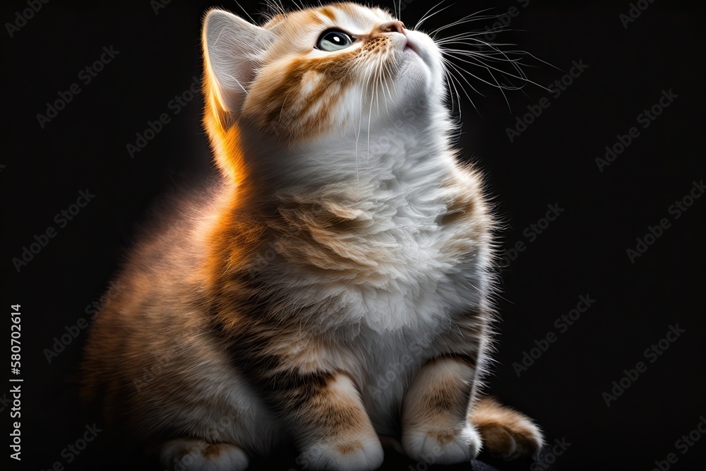 A picture of a cute cat looking up while sitting on a black background and being lit from above. Gen