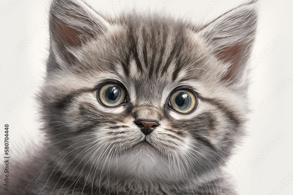 A close up portrait of a little gray kitten on a white background. Generative AI