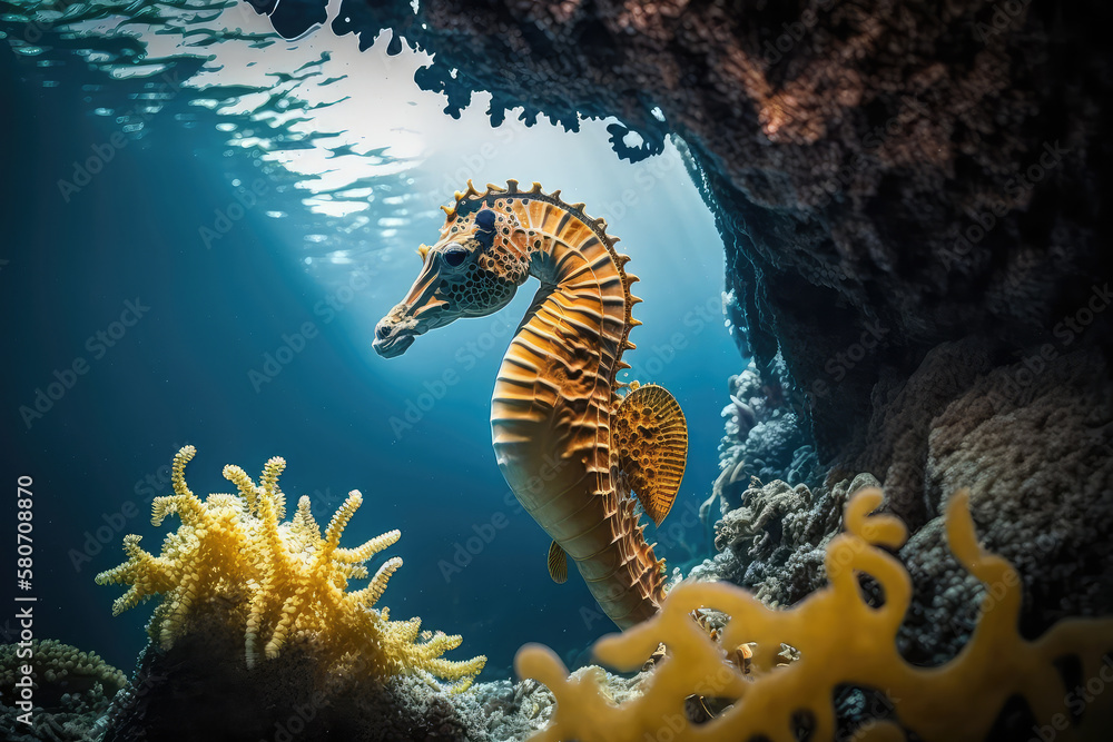 Image for 3d floor. Underwater world. Seahorse. corals. (ai generated)