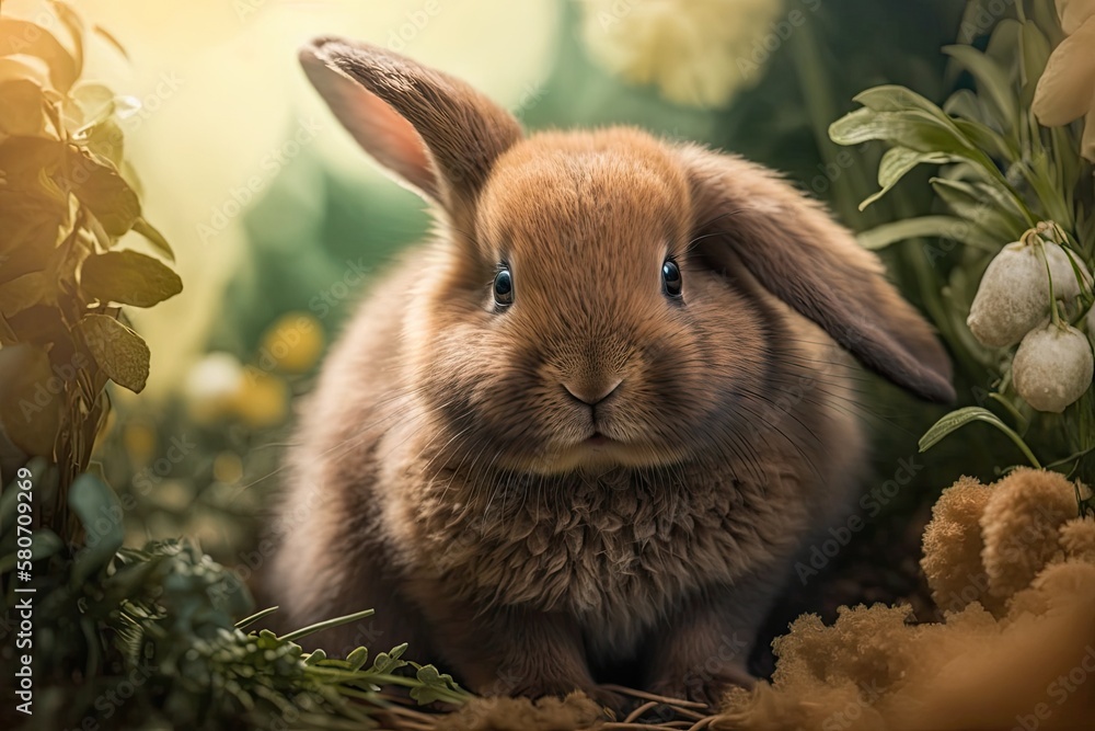 Healthy Lovely brown Easter bunny with fluffy fur, a cute baby rabbit in a green garden. The brown h