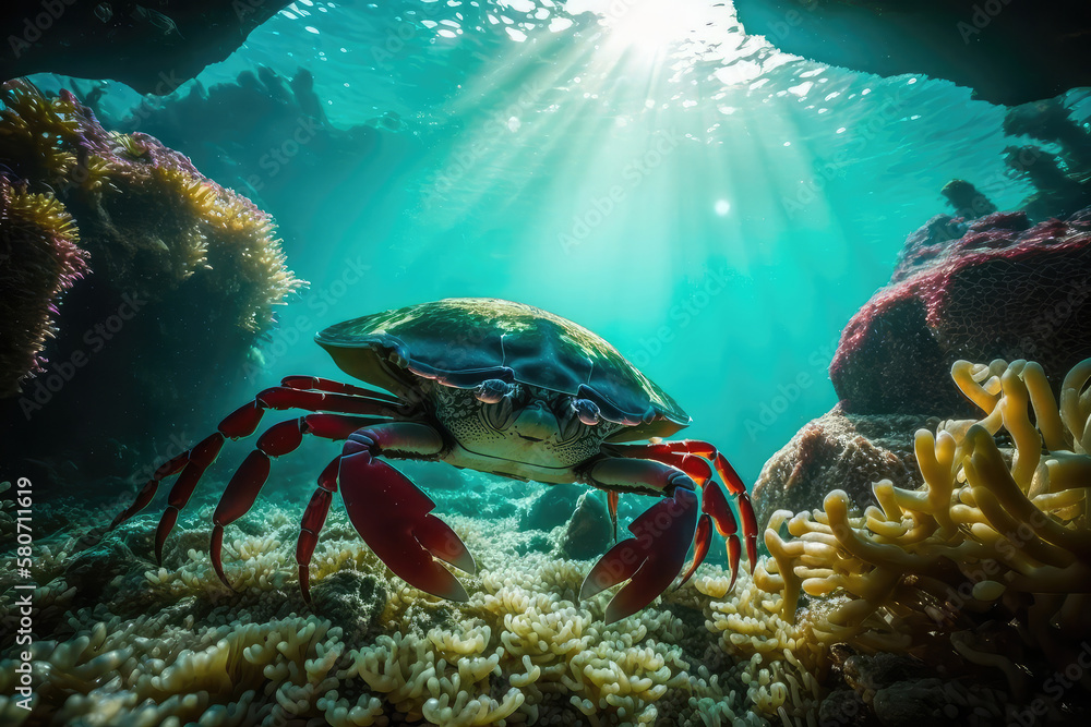 Underwater closeup picture of the mangrove ( rainbow ) crab and sunlight in the ocean coral reef (ai