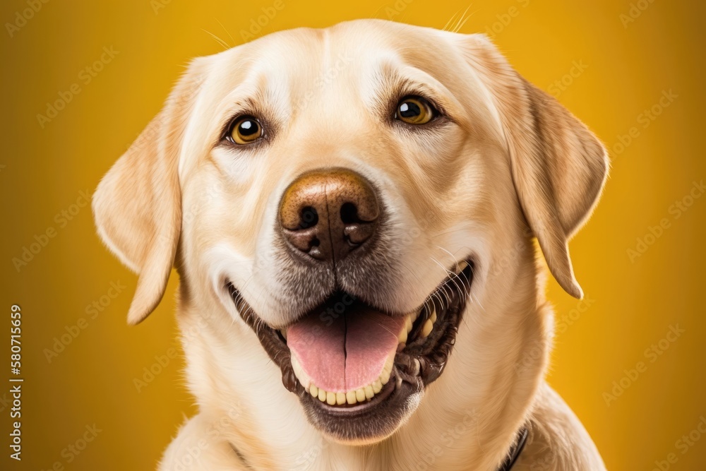 A smiling headshot of a cute, happy dog on a bright yellow background. Generative AI