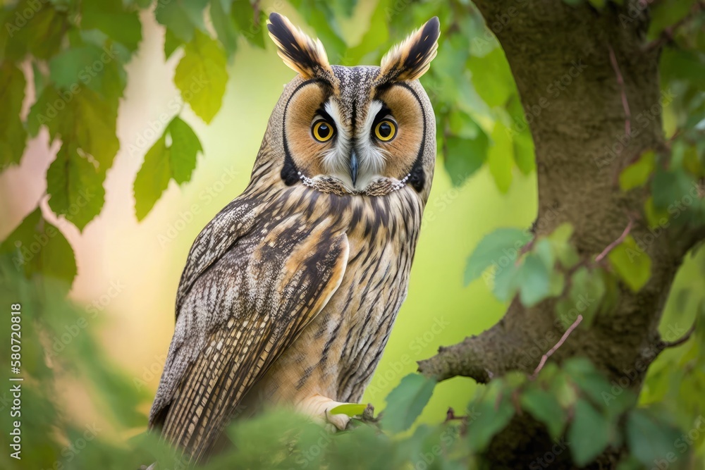 Asio otus, a long eared owl, in a linden tree. Generative AI