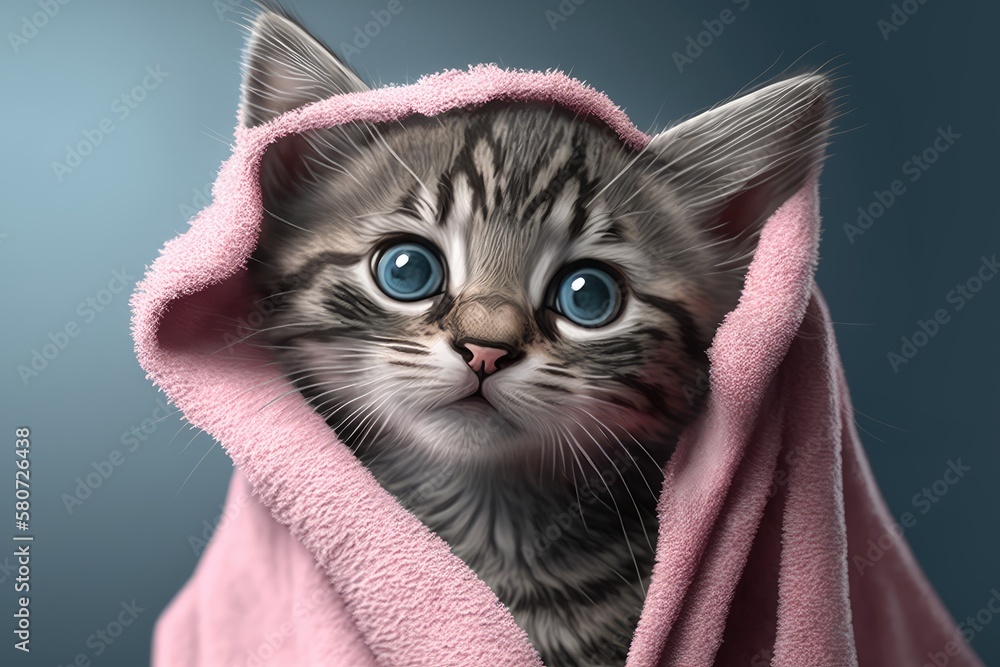 Funny wet gray tabby kitten with blue eyes smiling after a bath and wrapped in a pink towel. Idea ab