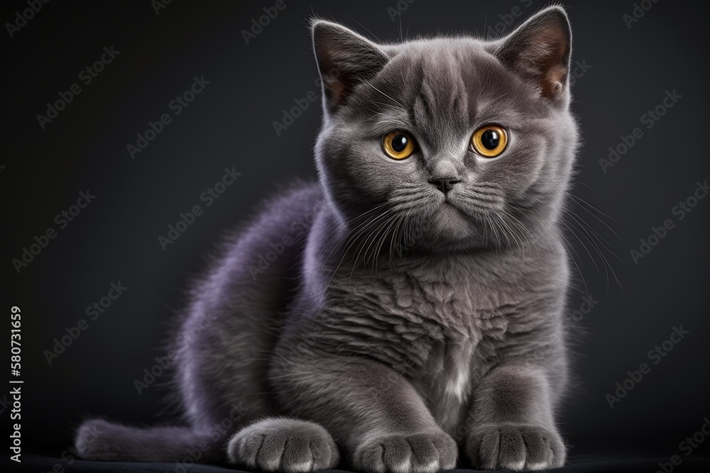 Portrait of a hungry 6 month old lilac British shorthair kitten looking at the camera on a gray back