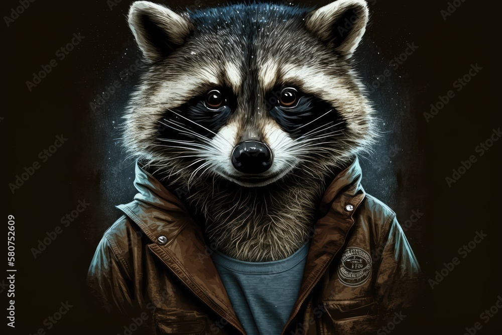 Portrait of a raccoon in art, illustration, or on a t shirt design. Generative AI