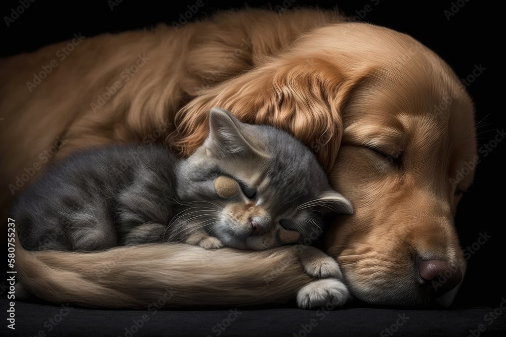 A golden retriever puppy dog hugs a sleeping British cat. Generative AI