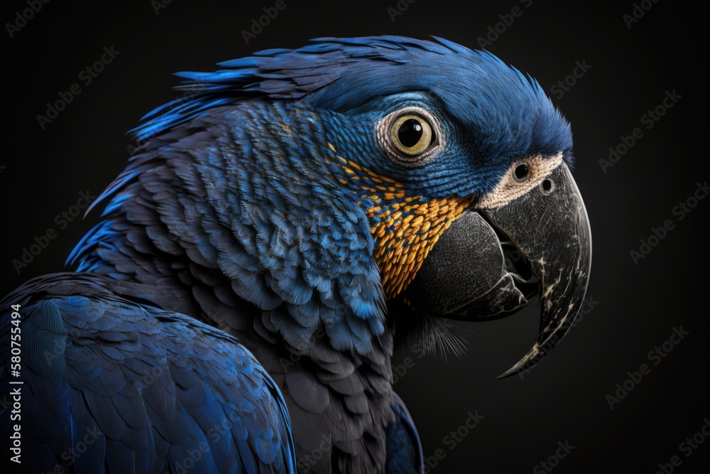 Detail of a portrait of the Hyacinth Macaw (Anodorhynchus hyacinthinus) on a black background. Gener