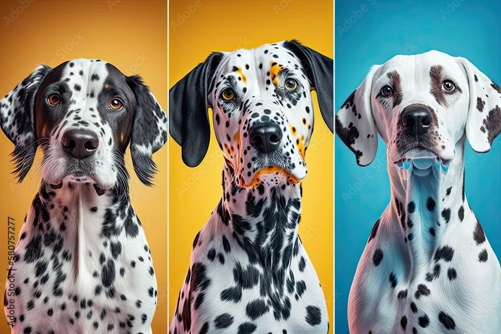 Dogs set against different colored backgrounds. Generative AI