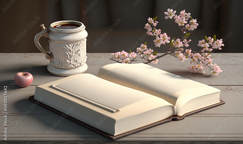  an open book sitting on top of a table next to a cup of coffee and a vase with flowers on it next t